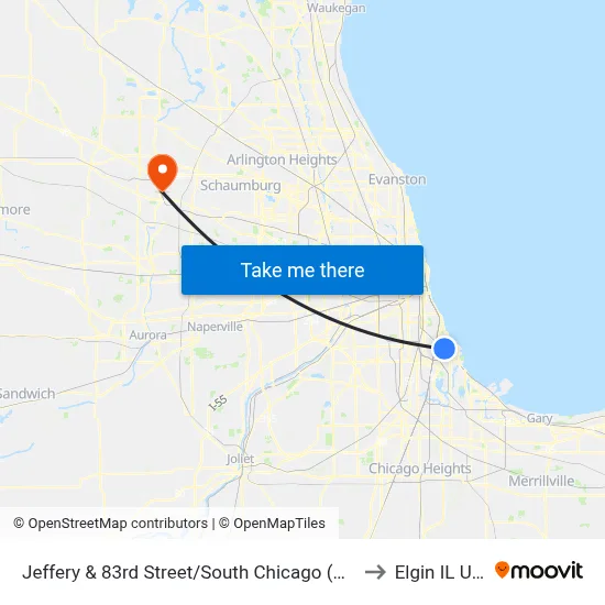 Jeffery & 83rd Street/South Chicago (South) to Elgin IL USA map