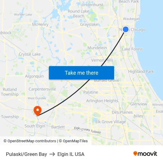 Pulaski/Green Bay to Elgin IL USA map