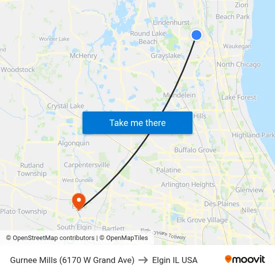 Gurnee Mills (6170 W Grand Ave) to Elgin IL USA map
