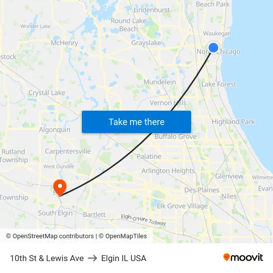 10th St & Lewis Ave to Elgin IL USA map