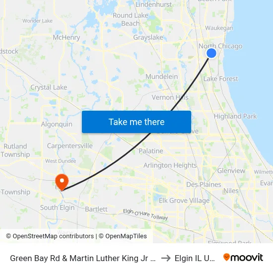 Green Bay Rd & Martin Luther King Jr Dr to Elgin IL USA map