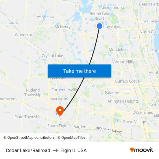 Cedar Lake/Railroad to Elgin IL USA map