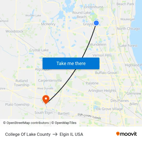 College Of Lake County to Elgin IL USA map