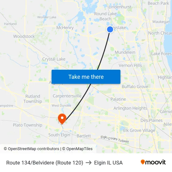 Route 134/Belvidere (Route 120) to Elgin IL USA map