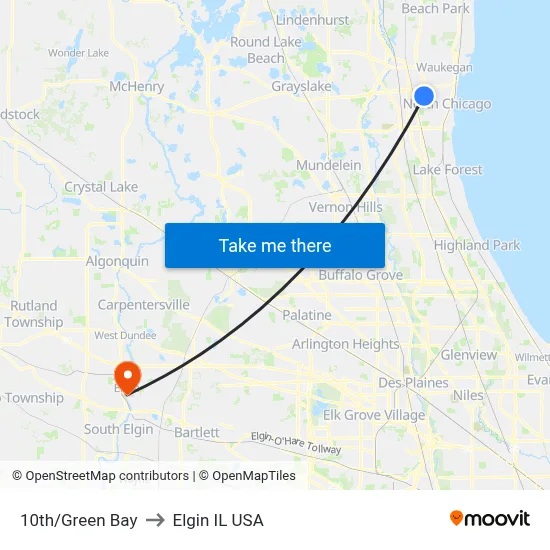 10th/Green Bay to Elgin IL USA map