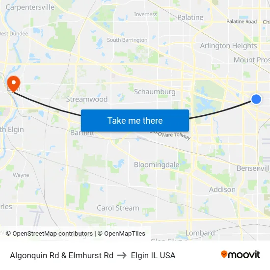 Algonquin Rd & Elmhurst Rd to Elgin IL USA map