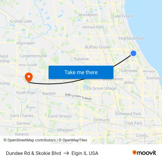 Dundee Rd & Skokie Blvd to Elgin IL USA map