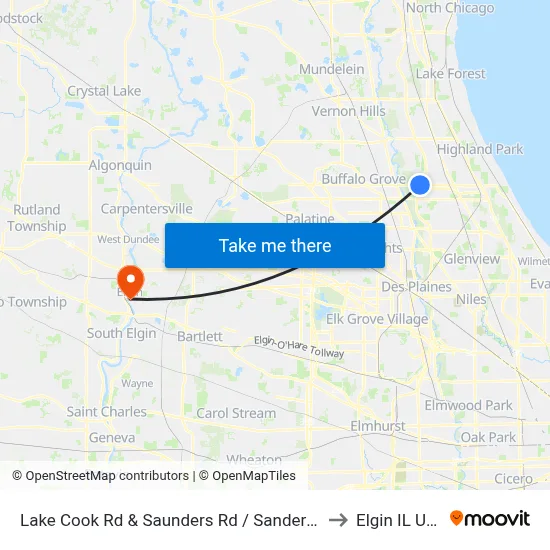 Lake Cook Rd & Saunders Rd / Sanders Rd to Elgin IL USA map