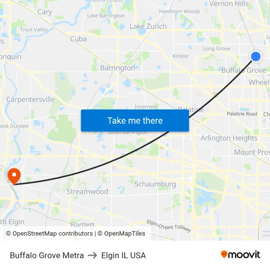 Buffalo Grove Metra to Elgin IL USA map