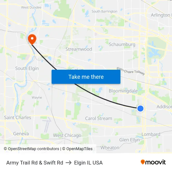 Army Trail Rd & Swift Rd to Elgin IL USA map