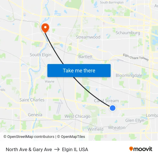 North Ave & Gary Ave to Elgin IL USA map