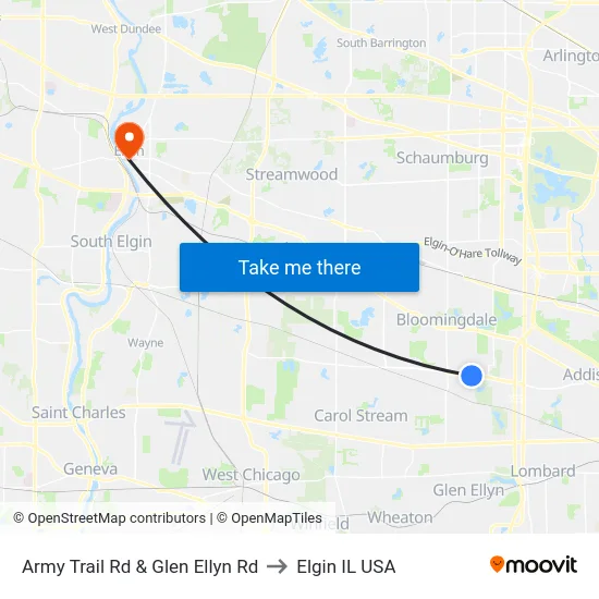 Army Trail Rd & Glen Ellyn Rd to Elgin IL USA map