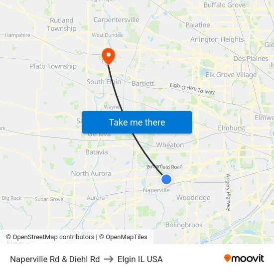 Naperville Rd & Diehl Rd to Elgin IL USA map