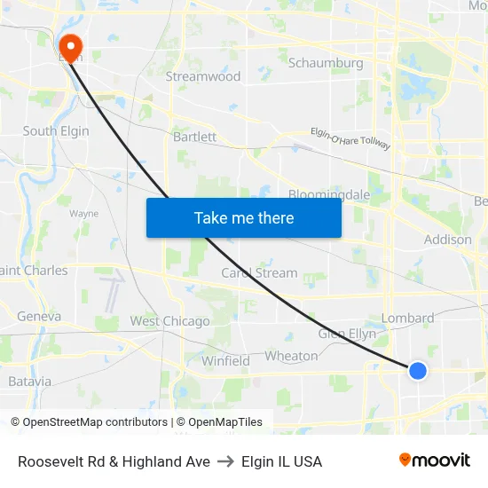 Roosevelt Rd & Highland Ave to Elgin IL USA map