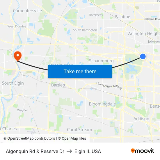 Algonquin Rd & Reserve Dr to Elgin IL USA map