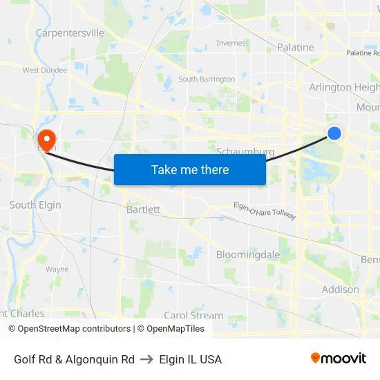 Golf Rd & Algonquin Rd to Elgin IL USA map