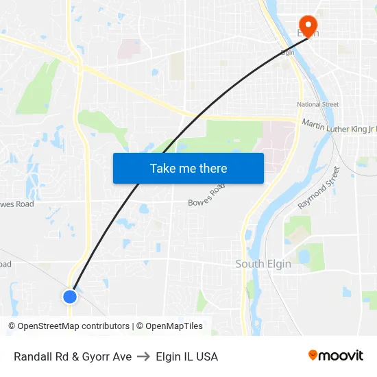 Randall Rd & Gyorr Ave to Elgin IL USA map
