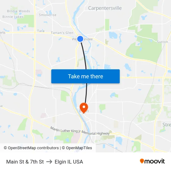 Main St & 7th St to Elgin IL USA map