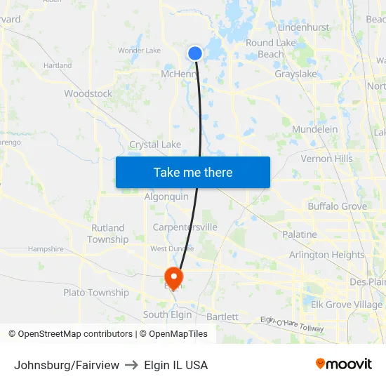 Johnsburg/Fairview to Elgin IL USA map