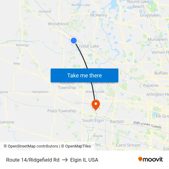 Route 14/Ridgefield Rd to Elgin IL USA map