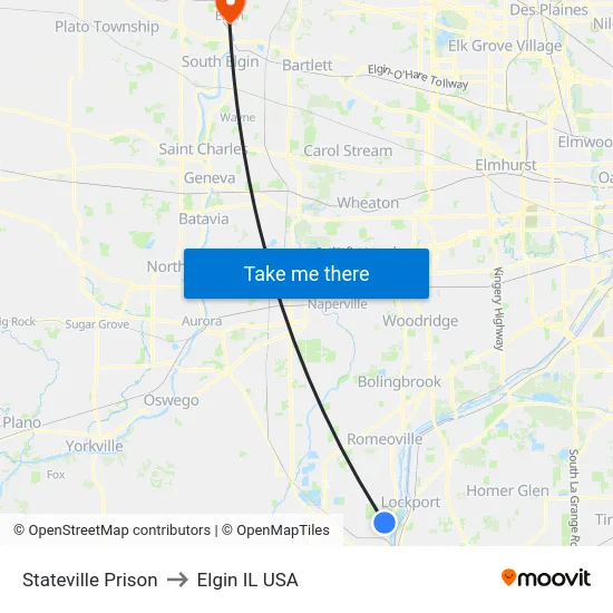Stateville Prison to Elgin IL USA map