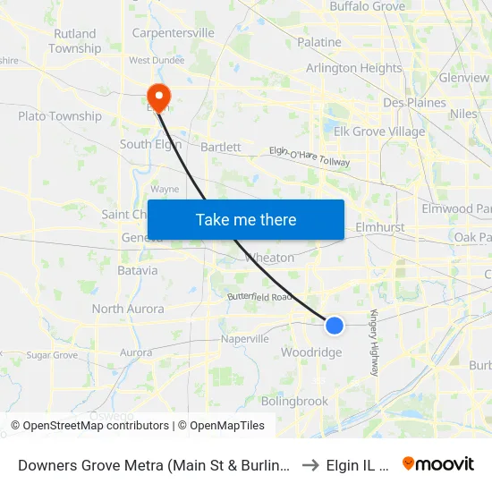Downers Grove Metra (Main St & Burlington Ave) to Elgin IL USA map