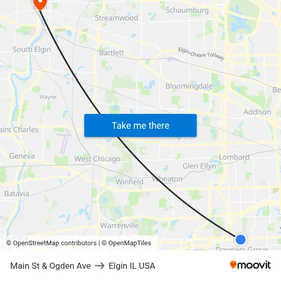 Main St & Ogden Ave to Elgin IL USA map