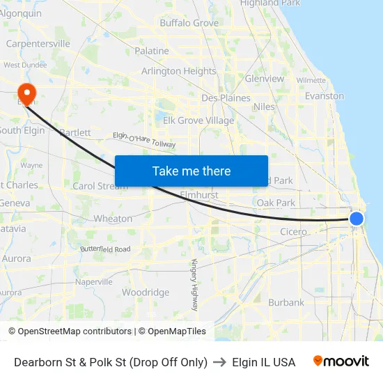 Dearborn St & Polk St (Drop Off Only) to Elgin IL USA map