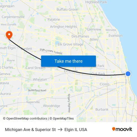 Michigan Ave & Superior St to Elgin IL USA map