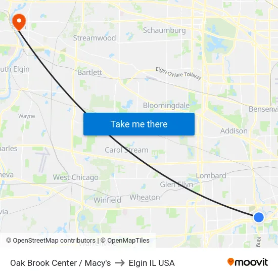 Oak Brook Center / Macy's to Elgin IL USA map