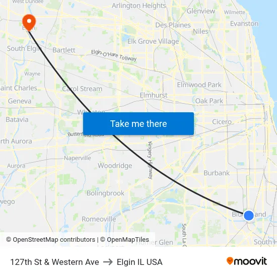 127th St & Western Ave to Elgin IL USA map