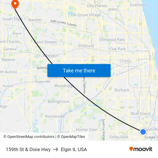 159th St & Dixie Hwy to Elgin IL USA map