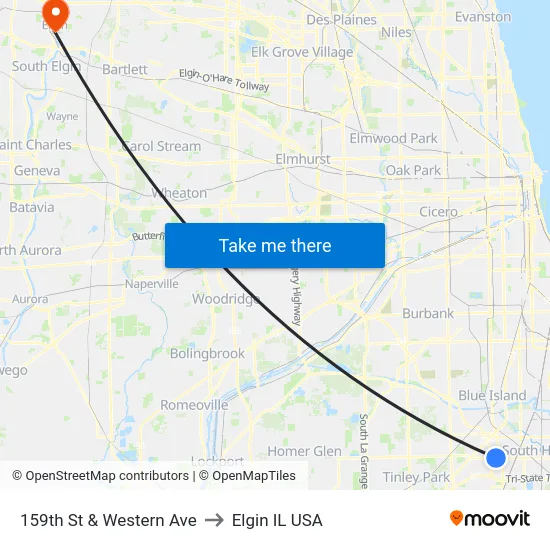 159th St & Western Ave to Elgin IL USA map
