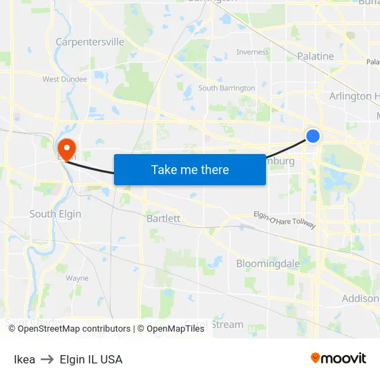 Ikea to Elgin IL USA map
