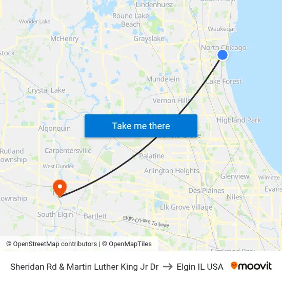 Sheridan Rd & Martin Luther King Jr Dr to Elgin IL USA map
