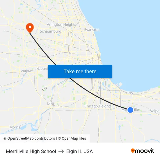 Merrillville High School to Elgin IL USA map