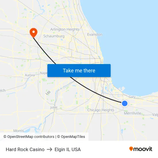Hard Rock Casino to Elgin IL USA map