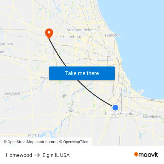 Homewood to Elgin IL USA map