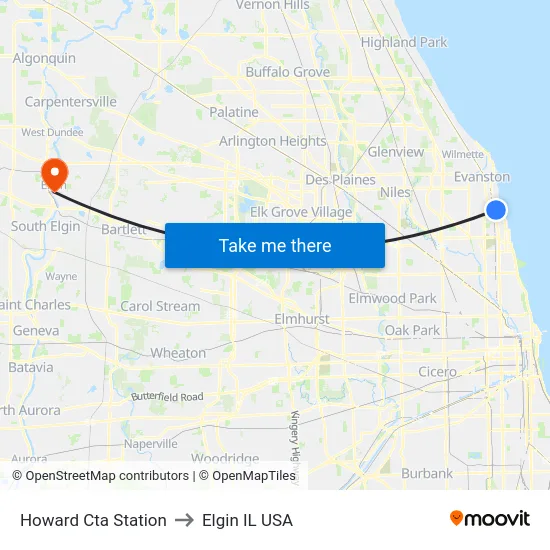 Howard Cta Station to Elgin IL USA map