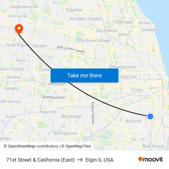 71st Street & California (East) to Elgin IL USA map