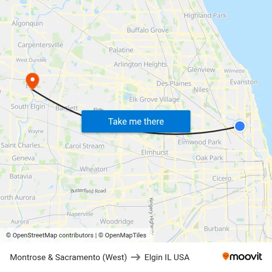 Montrose & Sacramento (West) to Elgin IL USA map
