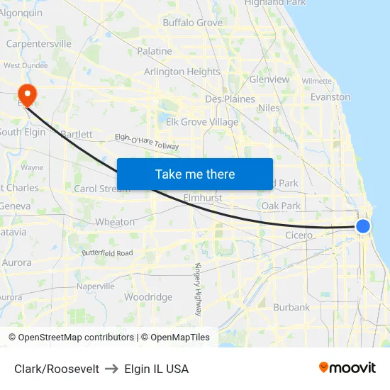 Clark/Roosevelt to Elgin IL USA map