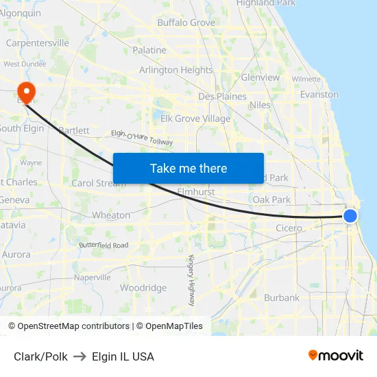 Clark/Polk to Elgin IL USA map