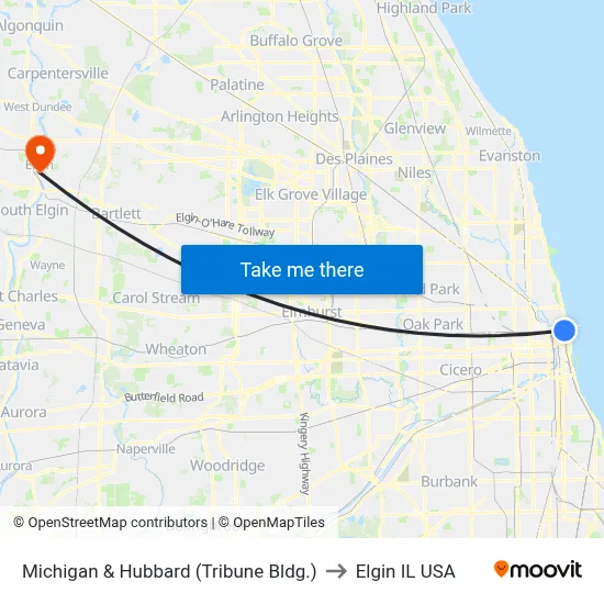 Michigan & Hubbard (Tribune Bldg.) to Elgin IL USA map