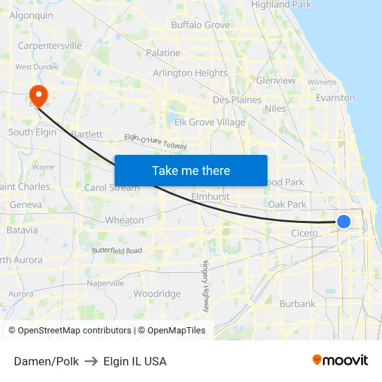 Damen/Polk to Elgin IL USA map