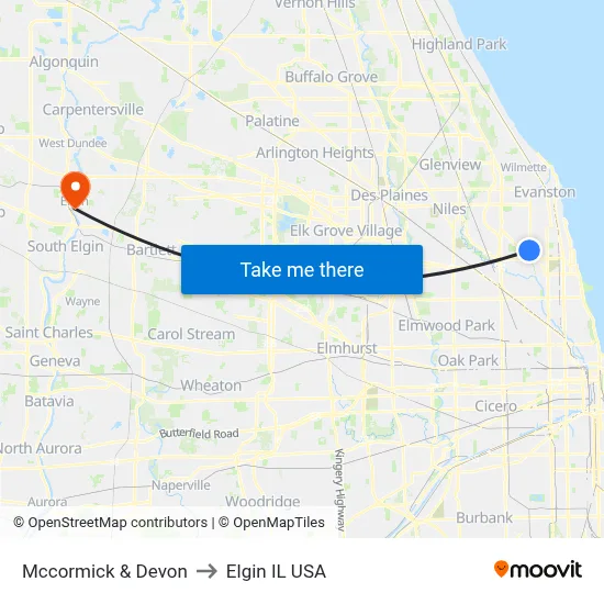 Mccormick & Devon to Elgin IL USA map