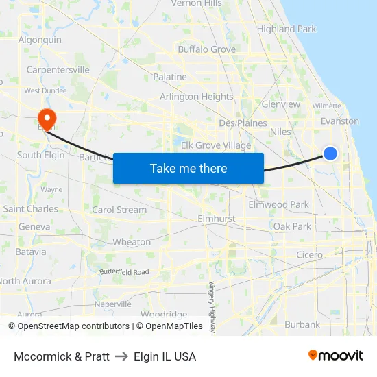 Mccormick & Pratt to Elgin IL USA map
