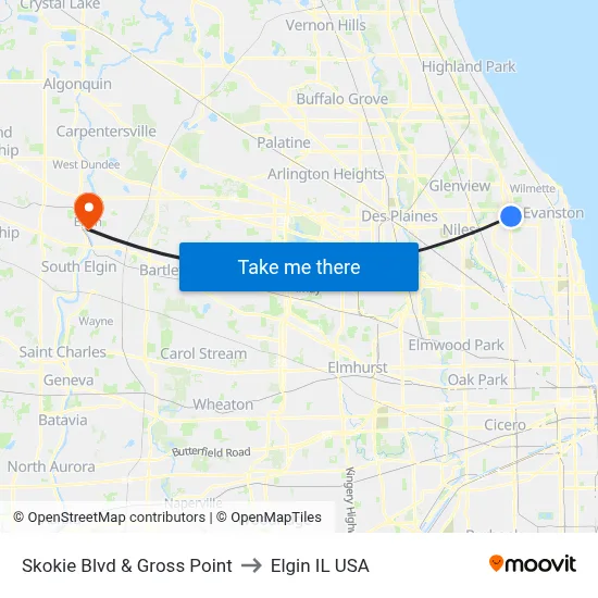 Skokie Blvd & Gross Point to Elgin IL USA map