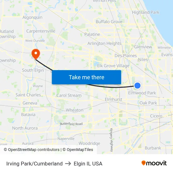 Irving Park/Cumberland to Elgin IL USA map