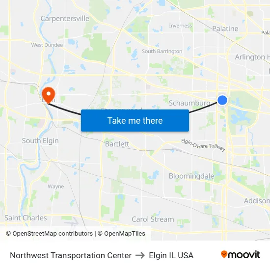 Northwest Transportation Center to Elgin IL USA map